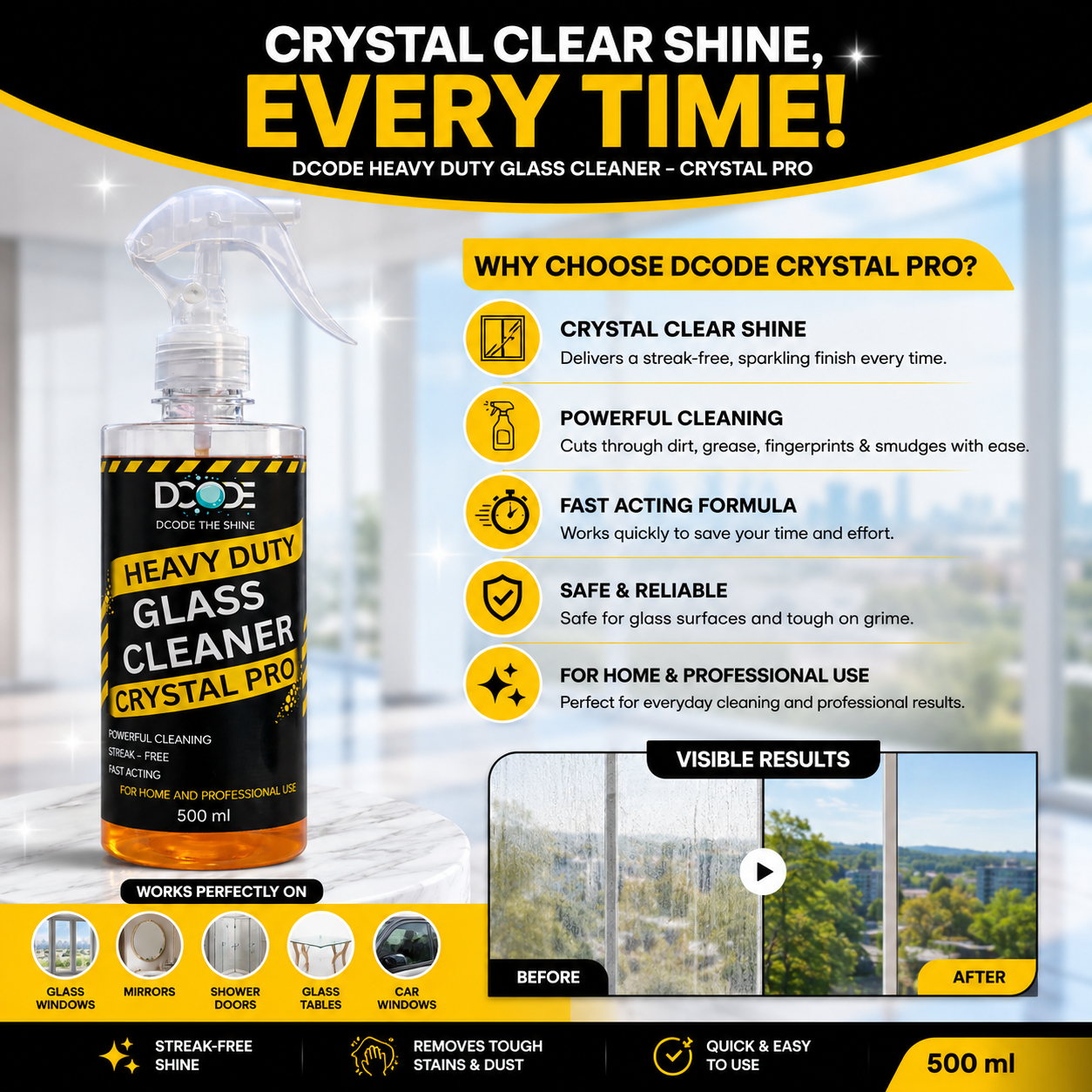 DCODE Crystal Pro Heavy Duty Glass Cleaner Spray — 500ml