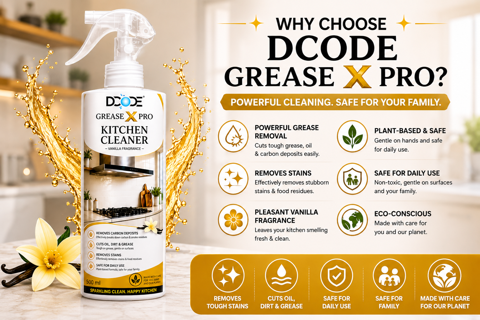 DCODE Grease X Pro Kitchen Cleaner Spray 500ml Vanilla Fragrance | Removes Tough Oil, Grease & Kitchen Stains