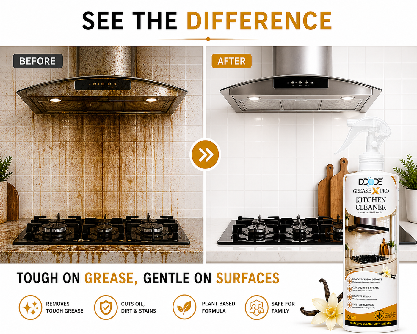 DCODE Grease X Pro Kitchen Cleaner Spray 500ml Vanilla Fragrance | Removes Tough Oil, Grease & Kitchen Stains